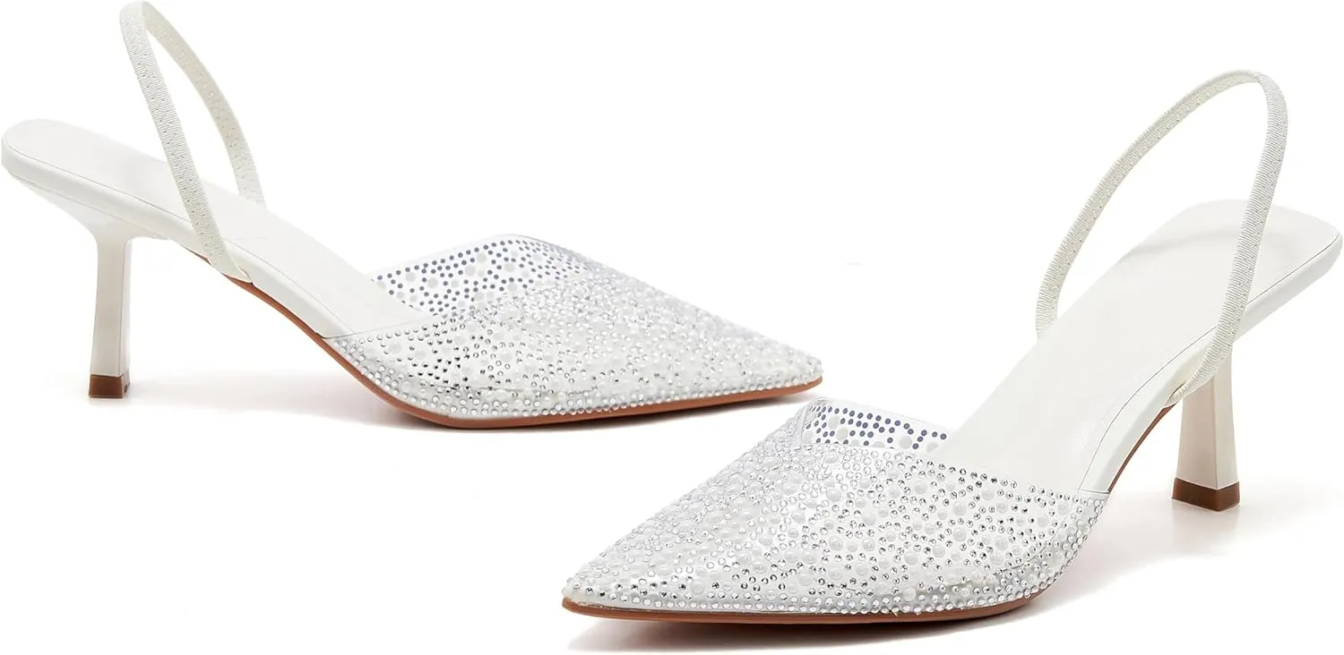 Women's Pointy Toe Slingback Heels Pearl Kitten Heels Sparkly Rhinestone Heeled Sandals Slip On Wedding Party Shoes