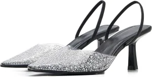 Women's Pointy Toe Slingback Heels Pearl Kitten Heels Sparkly Rhinestone Heeled Sandals Slip On Wedding Party Shoes