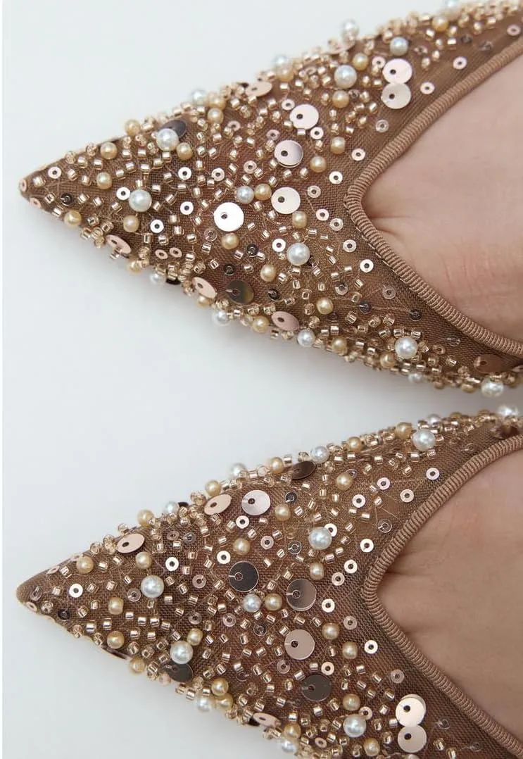 Women's Pointy Toe Slingback Heels Pearl Kitten Heels Sparkly Rhinestone Heeled Sandals Slip On Wedding Party Shoes