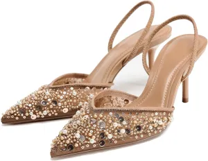 Women's Pointy Toe Slingback Heels Pearl Kitten Heels Sparkly Rhinestone Heeled Sandals Slip On Wedding Party Shoes