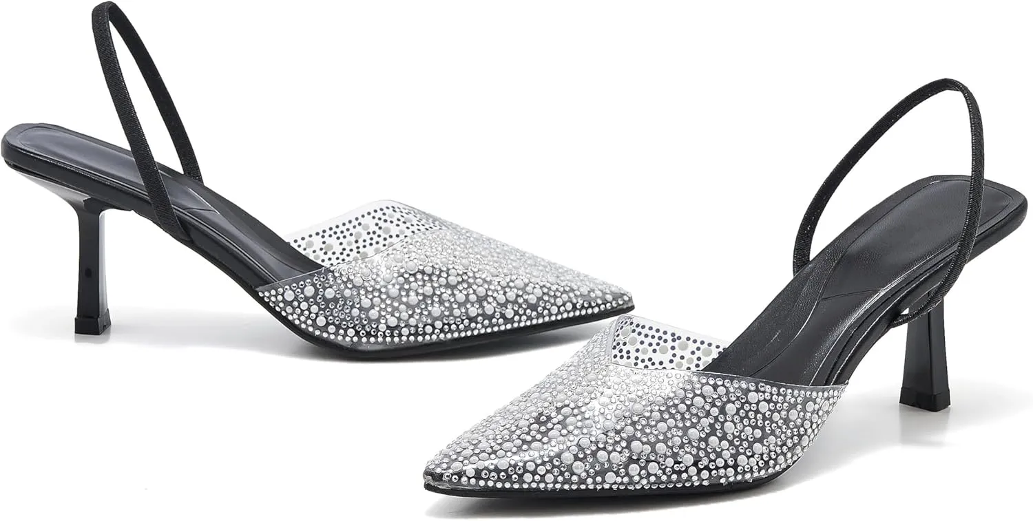 Women's Pointy Toe Slingback Heels Pearl Kitten Heels Sparkly Rhinestone Heeled Sandals Slip On Wedding Party Shoes