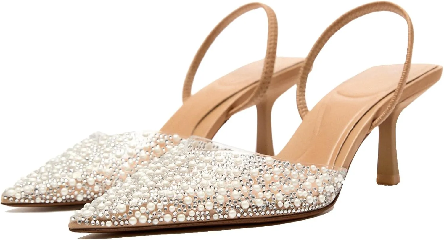 Women's Pointy Toe Slingback Heels Pearl Kitten Heels Sparkly Rhinestone Heeled Sandals Slip On Wedding Party Shoes
