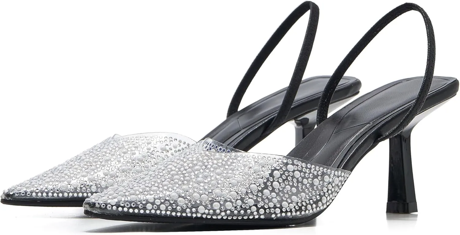 Women's Pointy Toe Slingback Heels Pearl Kitten Heels Sparkly Rhinestone Heeled Sandals Slip On Wedding Party Shoes
