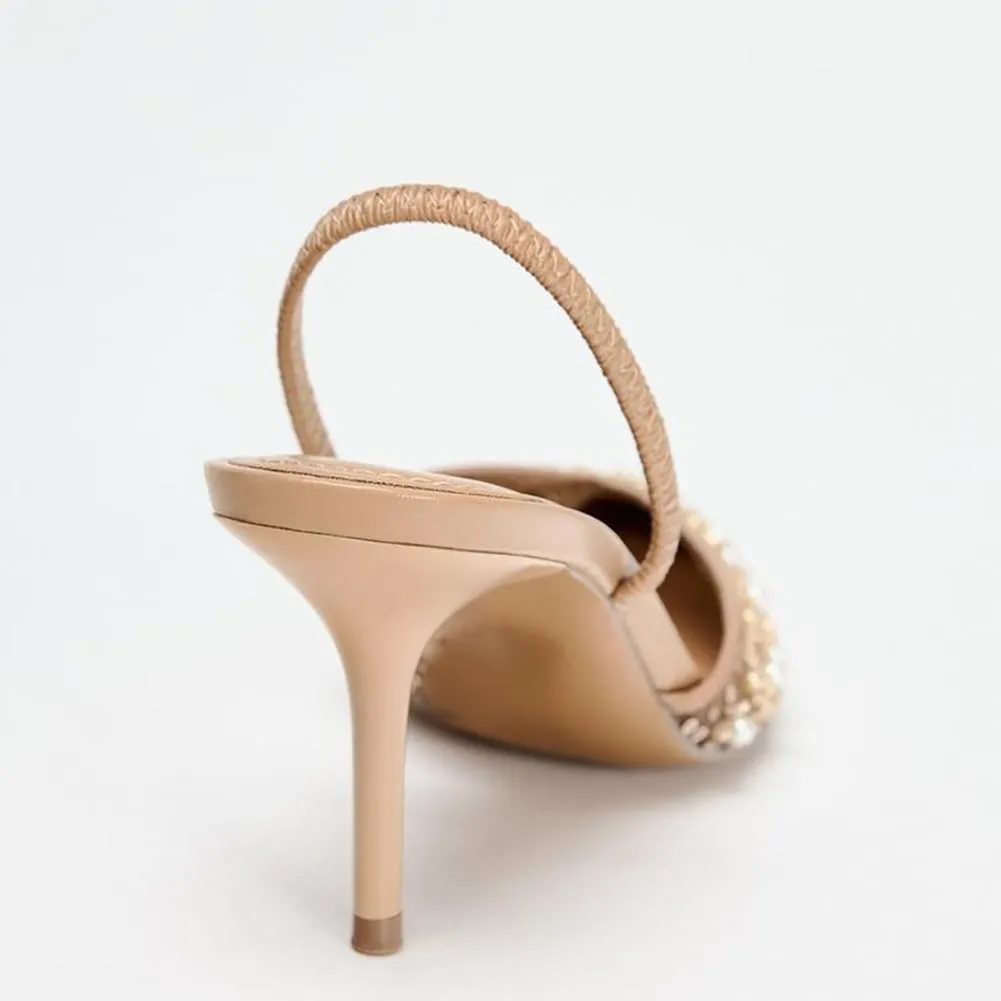 Women's Pointy Toe Slingback Heels Pearl Kitten Heels Sparkly Rhinestone Heeled Sandals Slip On Wedding Party Shoes