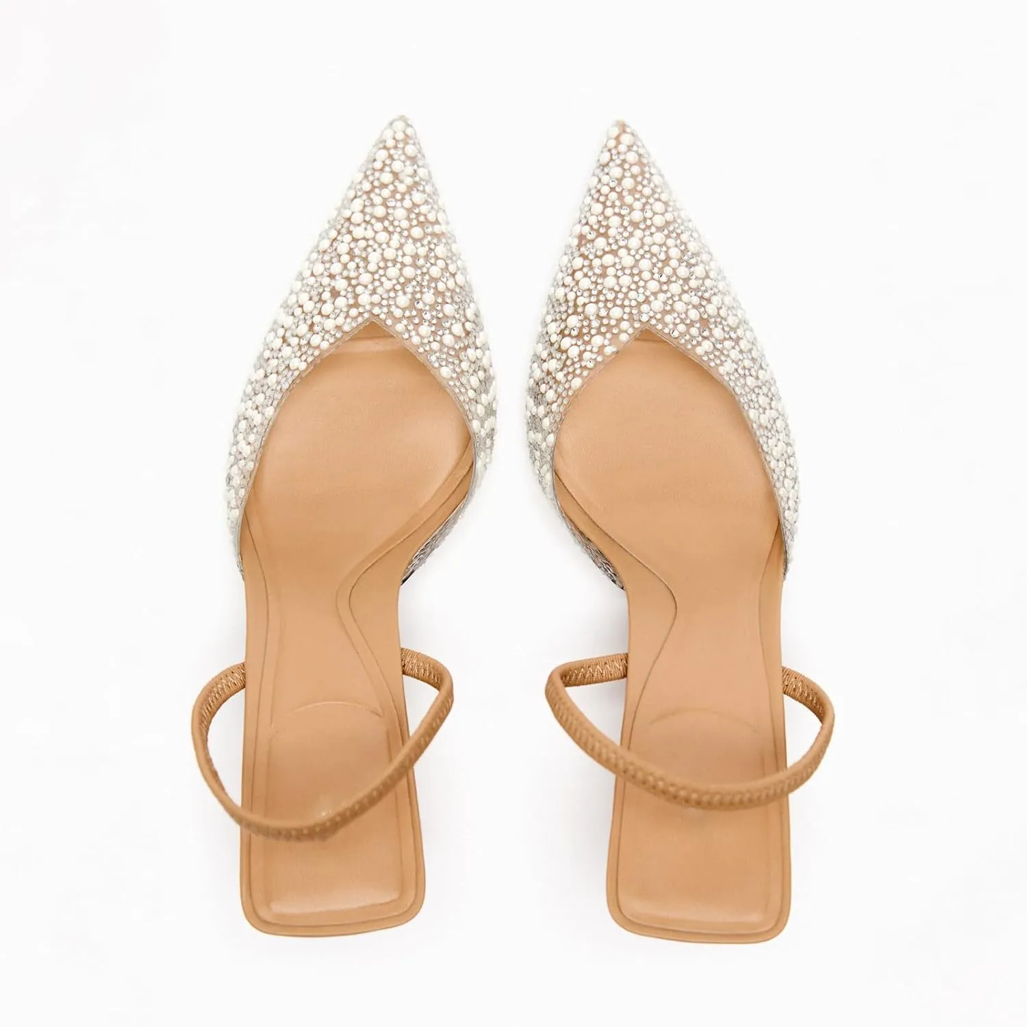 Women's Pointy Toe Slingback Heels Pearl Kitten Heels Sparkly Rhinestone Heeled Sandals Slip On Wedding Party Shoes