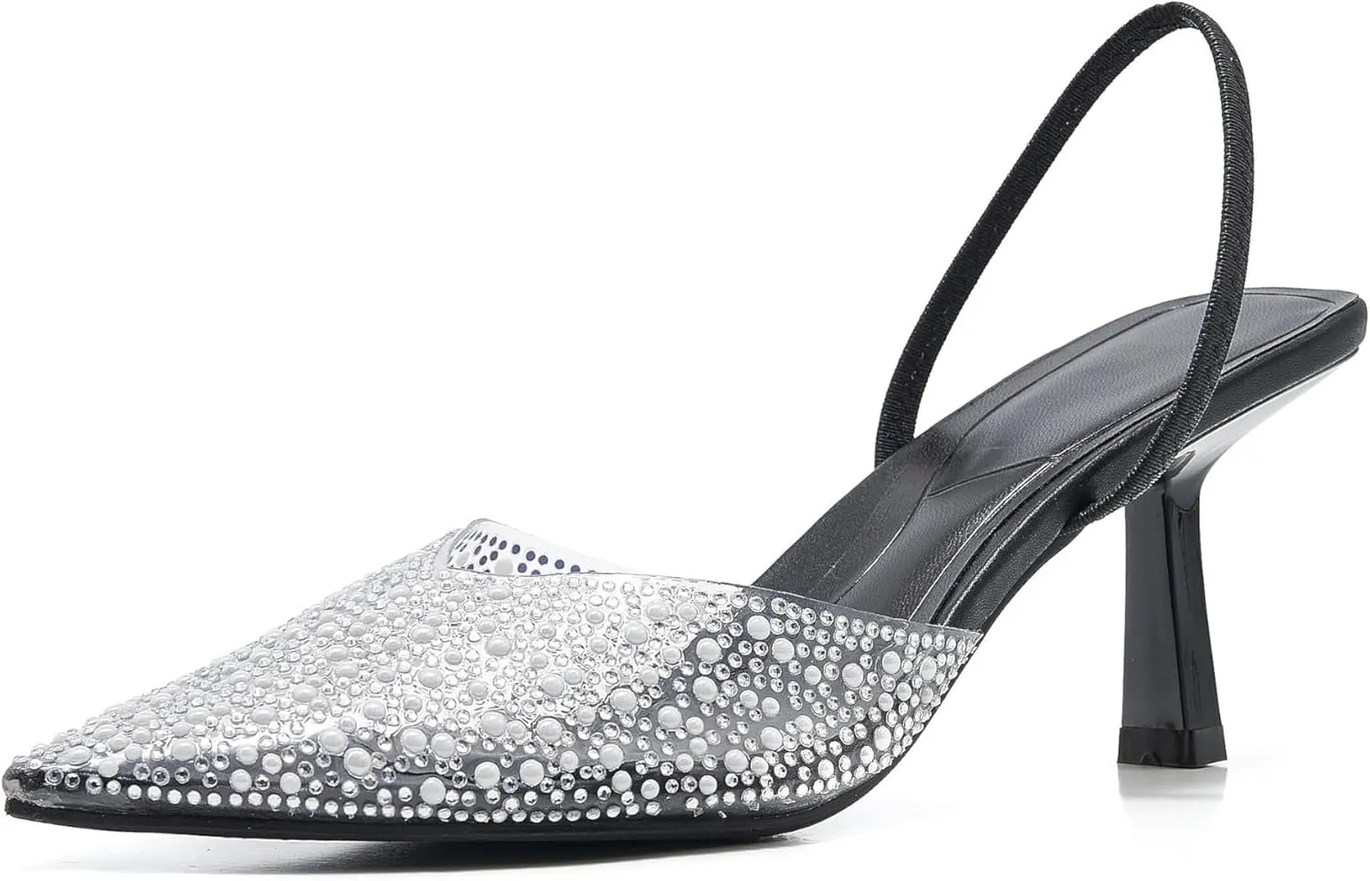 Women's Pointy Toe Slingback Heels Pearl Kitten Heels Sparkly Rhinestone Heeled Sandals Slip On Wedding Party Shoes