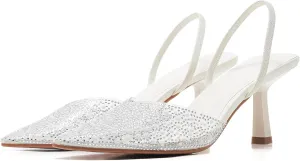 Women's Pointy Toe Slingback Heels Pearl Kitten Heels Sparkly Rhinestone Heeled Sandals Slip On Wedding Party Shoes