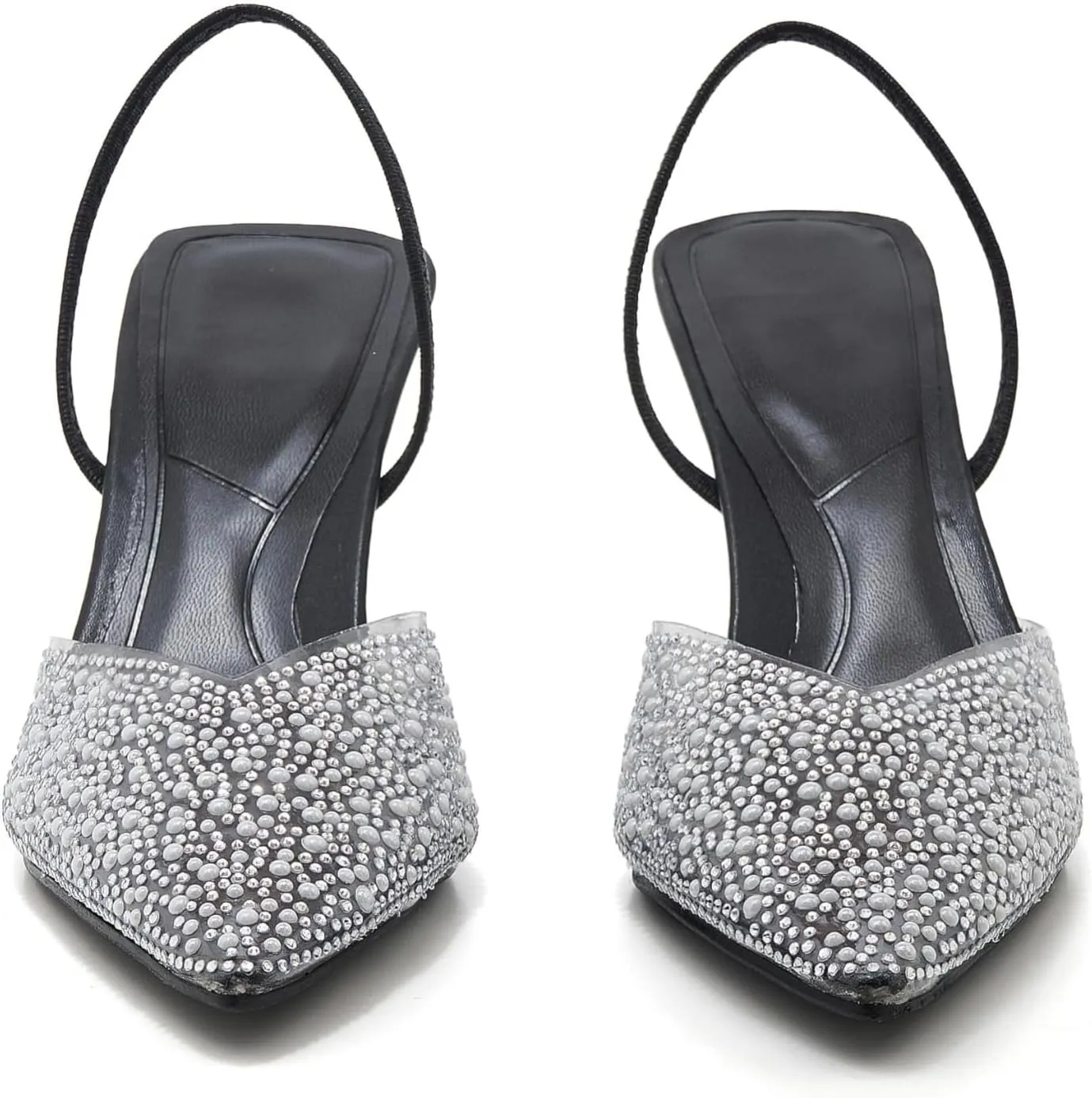 Women's Pointy Toe Slingback Heels Pearl Kitten Heels Sparkly Rhinestone Heeled Sandals Slip On Wedding Party Shoes