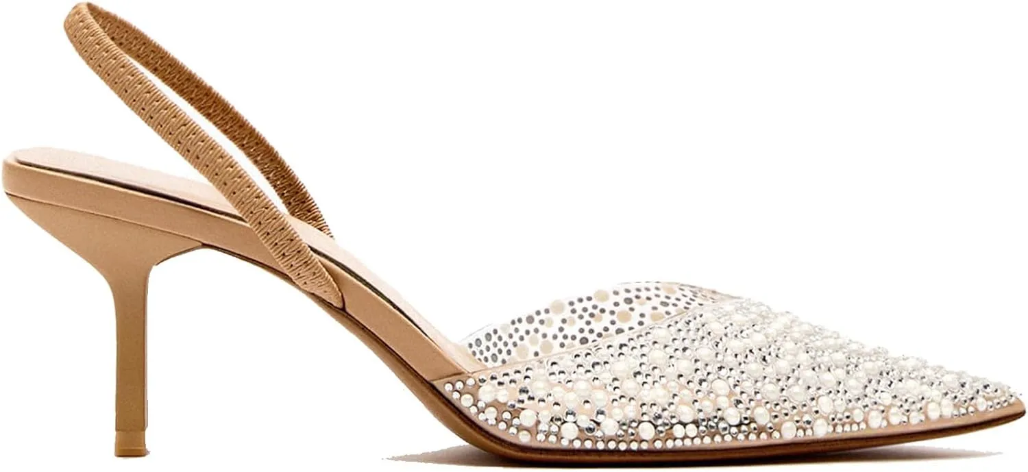 Women's Pointy Toe Slingback Heels Pearl Kitten Heels Sparkly Rhinestone Heeled Sandals Slip On Wedding Party Shoes