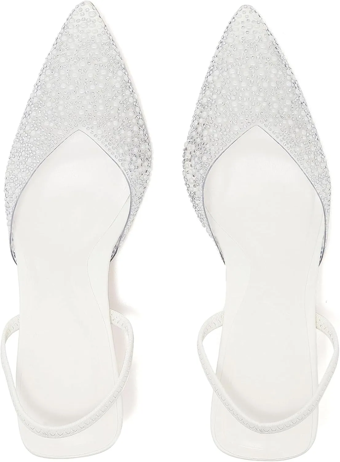 Women's Pointy Toe Slingback Heels Pearl Kitten Heels Sparkly Rhinestone Heeled Sandals Slip On Wedding Party Shoes