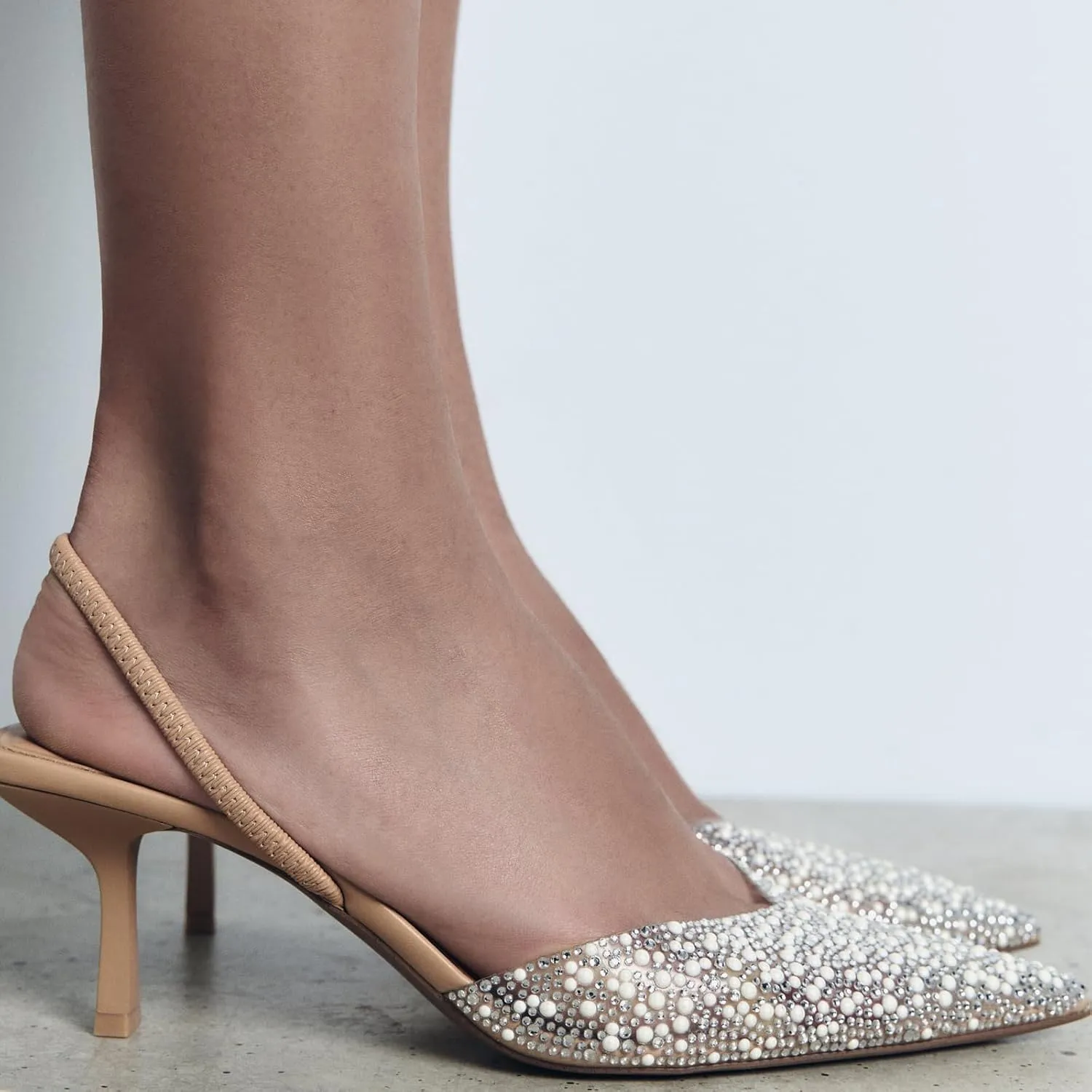 Women's Pointy Toe Slingback Heels Pearl Kitten Heels Sparkly Rhinestone Heeled Sandals Slip On Wedding Party Shoes