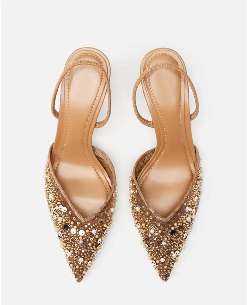 Women's Pointy Toe Slingback Heels Pearl Kitten Heels Sparkly Rhinestone Heeled Sandals Slip On Wedding Party Shoes