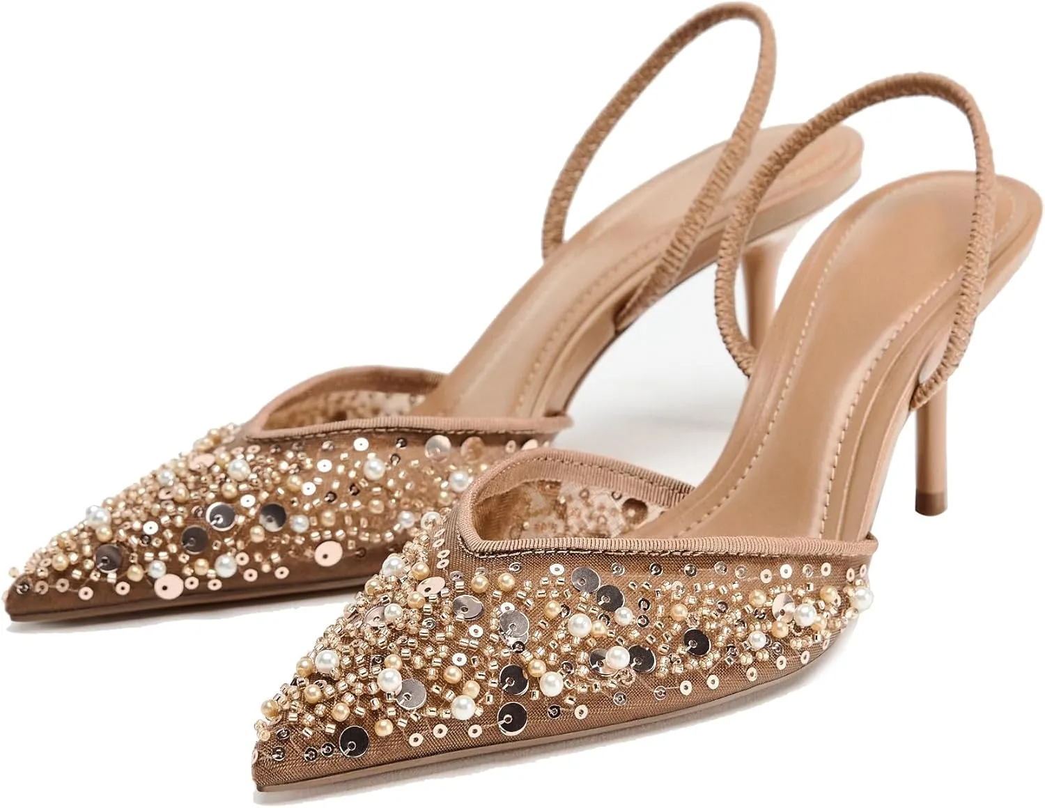 Women's Pointy Toe Slingback Heels Pearl Kitten Heels Sparkly Rhinestone Heeled Sandals Slip On Wedding Party Shoes