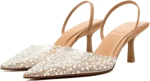 Women's Pointy Toe Slingback Heels Pearl Kitten Heels Sparkly Rhinestone Heeled Sandals Slip On Wedding Party Shoes