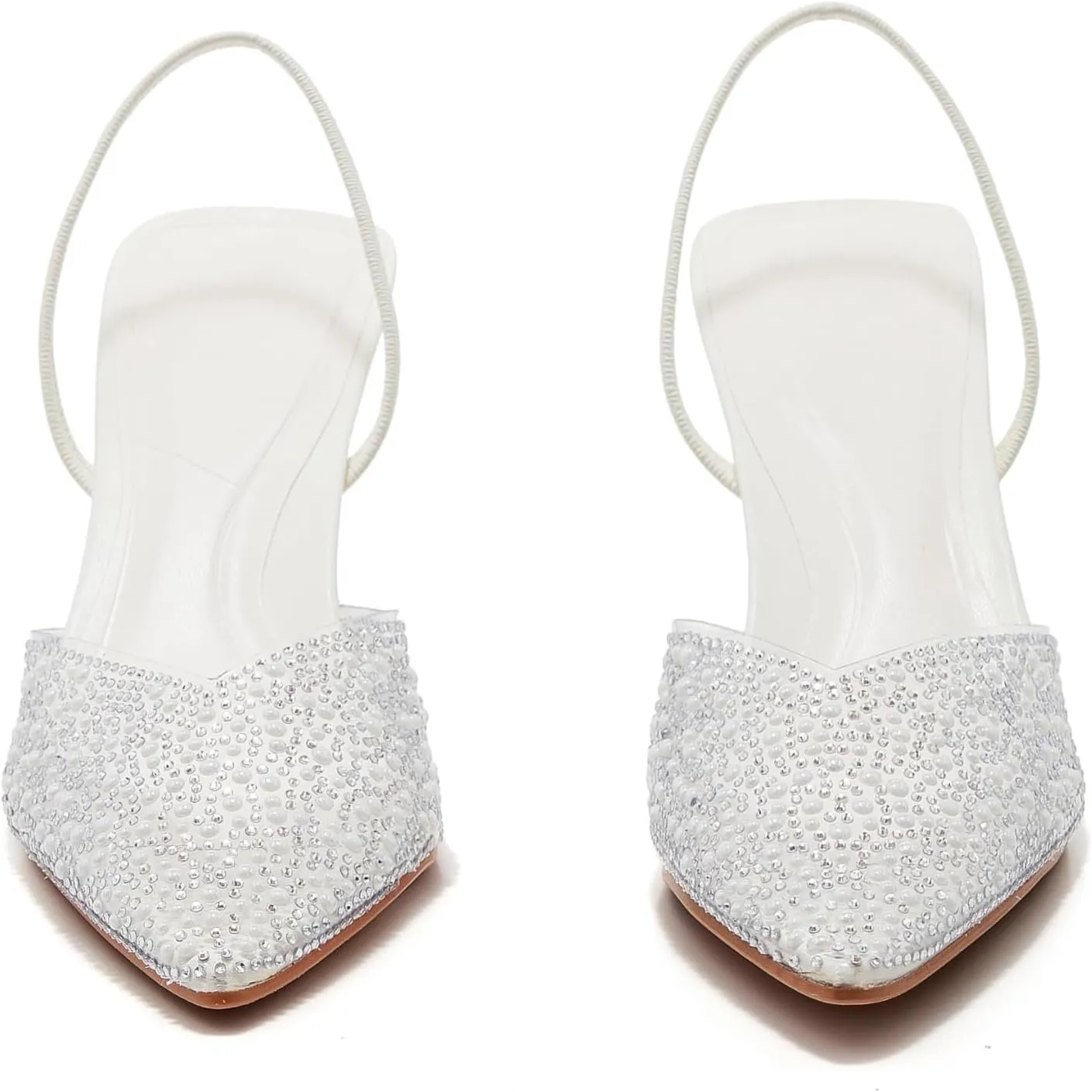 Women's Pointy Toe Slingback Heels Pearl Kitten Heels Sparkly Rhinestone Heeled Sandals Slip On Wedding Party Shoes