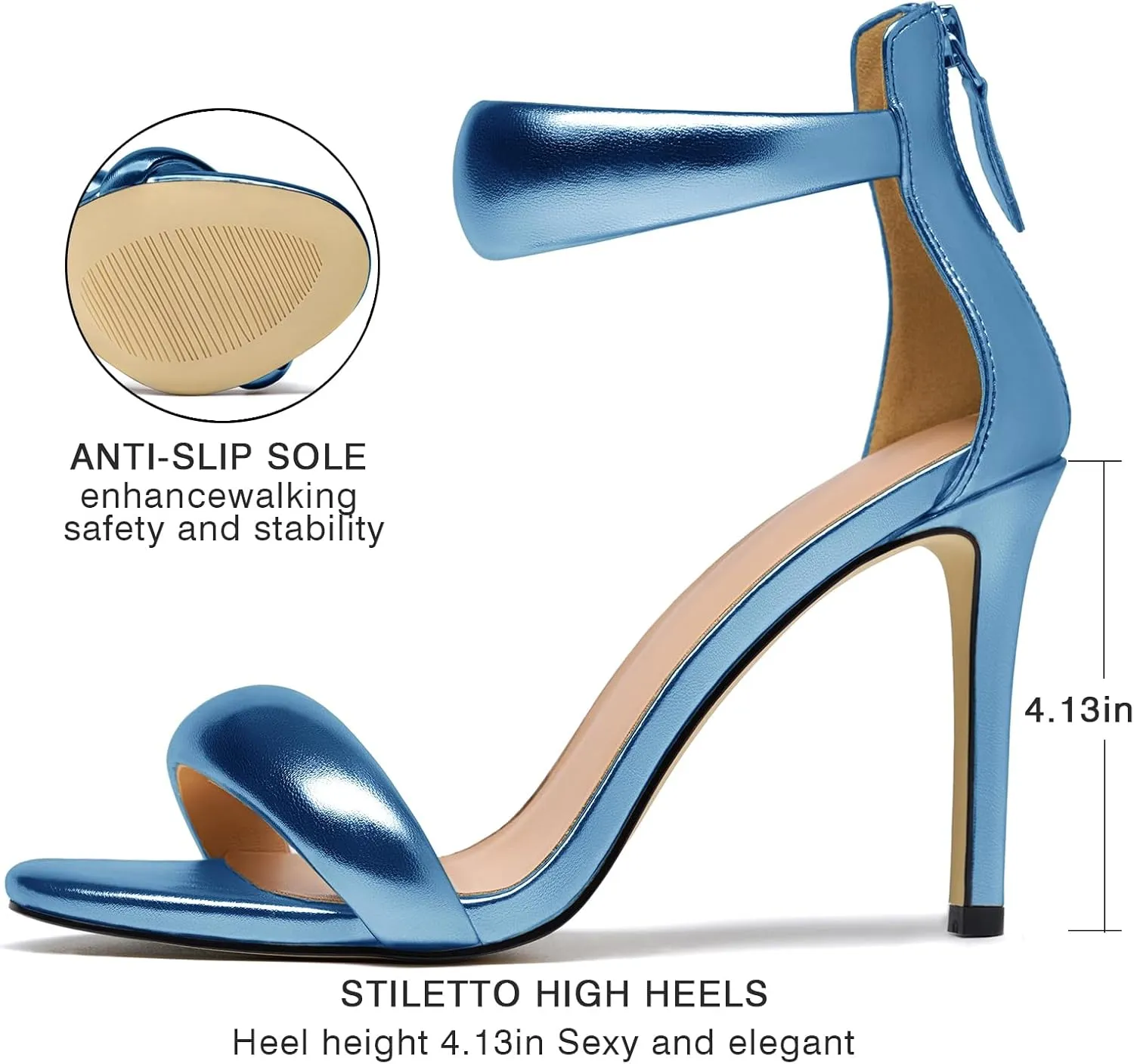 Women's Pump Open Toe Heel Sandals Back Zipper Round Ankle Strappy Stiletto Heels Sparkle Glitter Metallic Party Sexy Wedding Dressy Shoes