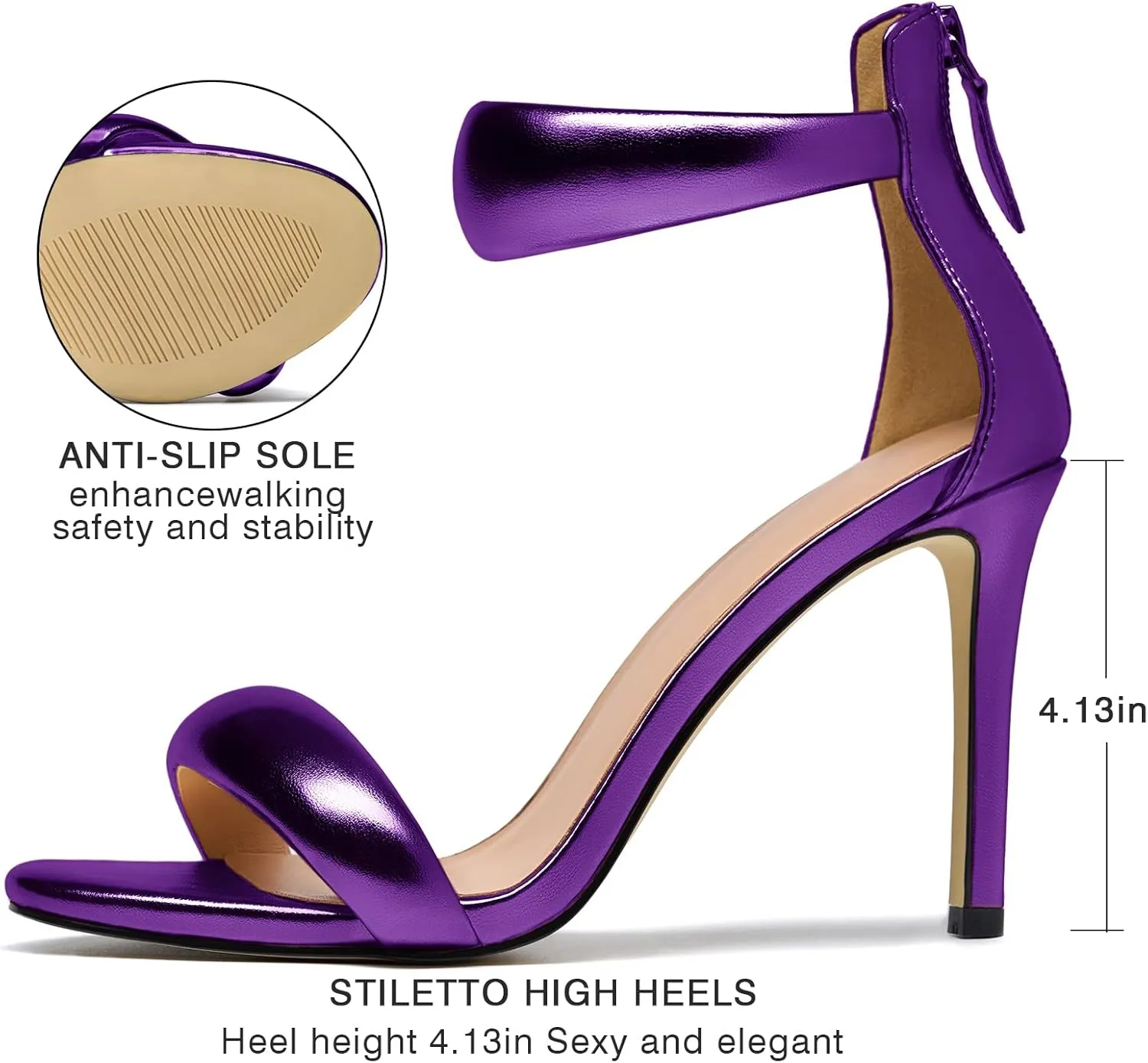 Women's Pump Open Toe Heel Sandals Back Zipper Round Ankle Strappy Stiletto Heels Sparkle Glitter Metallic Party Sexy Wedding Dressy Shoes