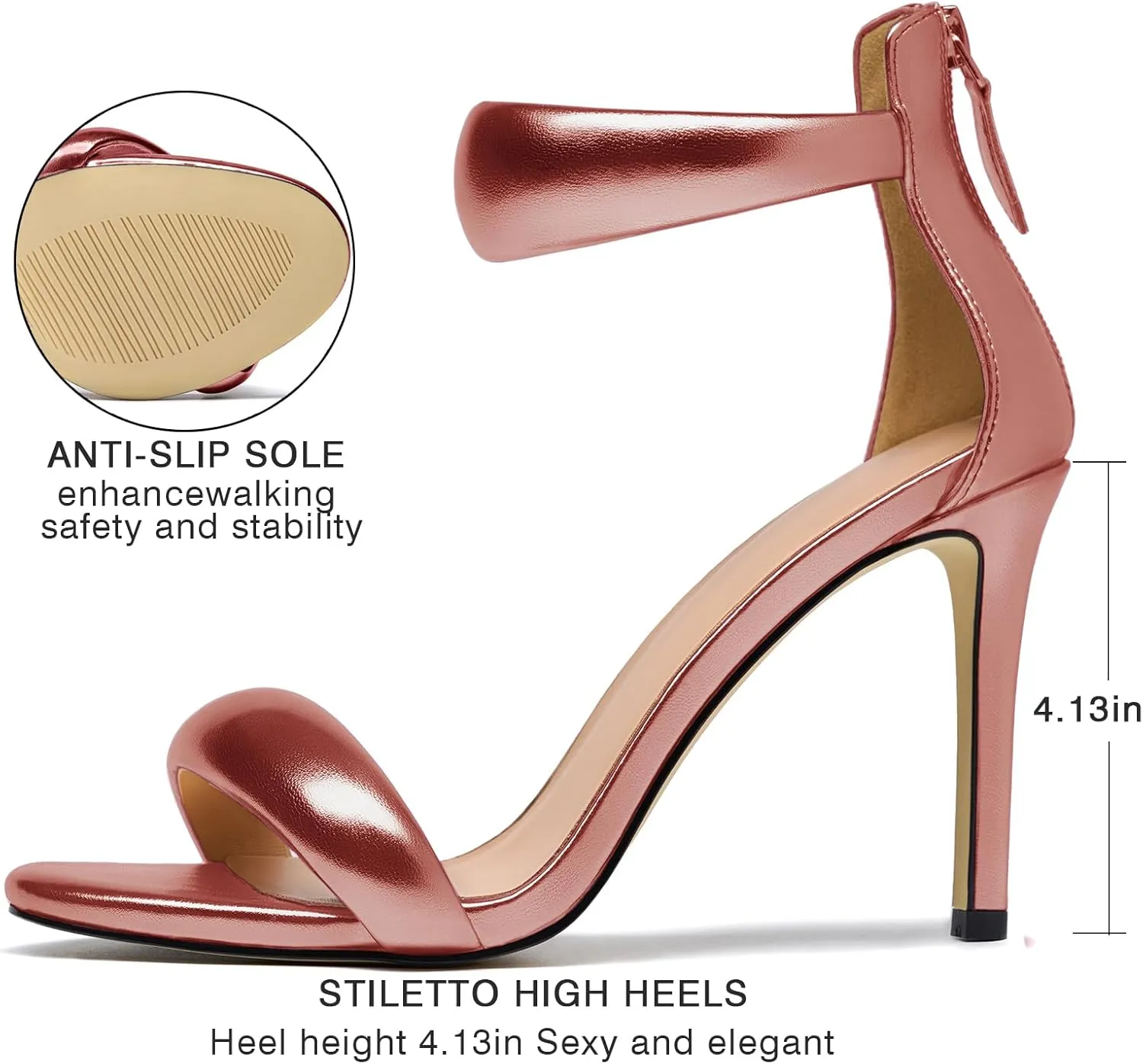 Women's Pump Open Toe Heel Sandals Back Zipper Round Ankle Strappy Stiletto Heels Sparkle Glitter Metallic Party Sexy Wedding Dressy Shoes