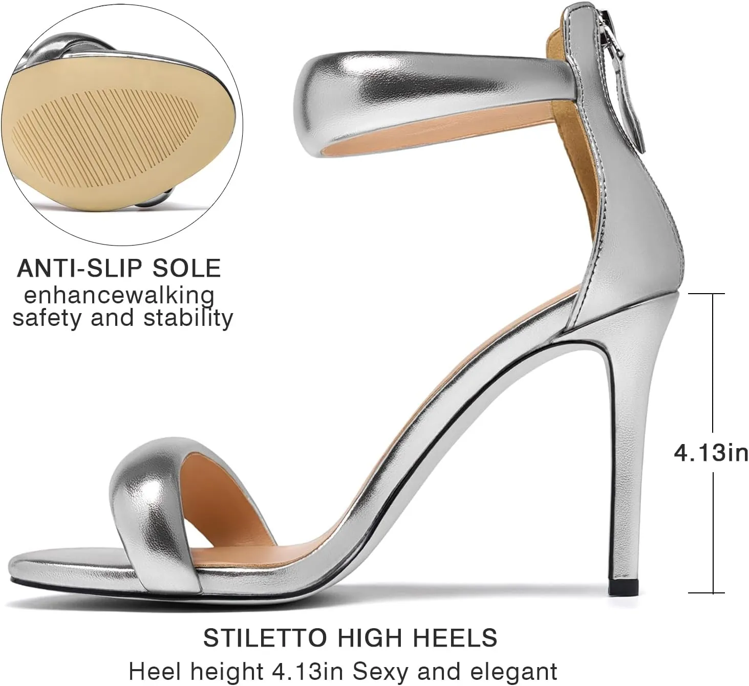 Women's Pump Open Toe Heel Sandals Back Zipper Round Ankle Strappy Stiletto Heels Sparkle Glitter Metallic Party Sexy Wedding Dressy Shoes