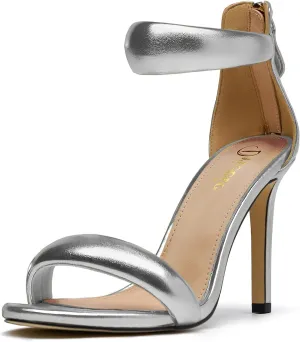 Women's Pump Open Toe Heel Sandals Back Zipper Round Ankle Strappy Stiletto Heels Sparkle Glitter Metallic Party Sexy Wedding Dressy Shoes