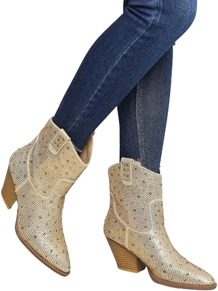 Women's Rhinestone Block Heel Mid Calf Short Ankle Booties Knee High Boots