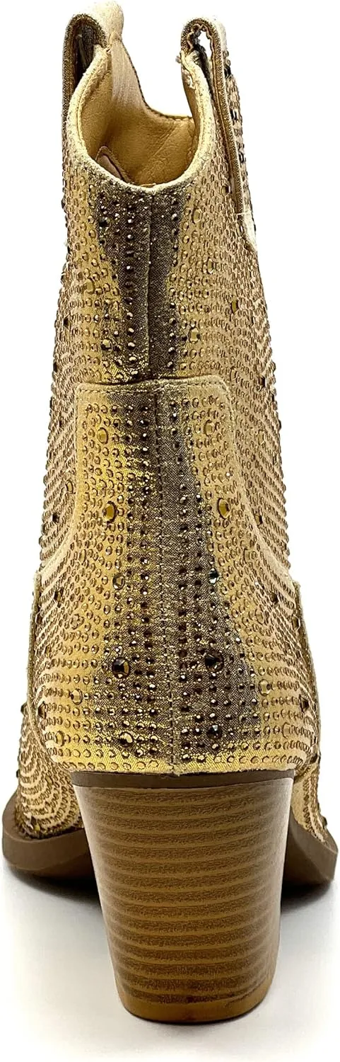 Women's Rhinestone Block Heel Mid Calf Short Ankle Booties Knee High Boots