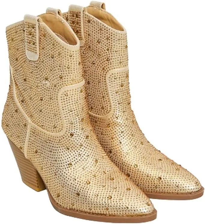 Women's Rhinestone Block Heel Mid Calf Short Ankle Booties Knee High Boots
