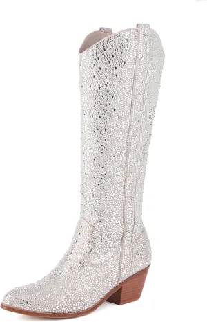 Women's Rhinestone Boots Wide Calf Cowgirl Boots Western Mid Calf Pointed Toe Boots Lightweight Fashion Trendy Chunky Stacked Heel Sparkly Side Zipper Boots