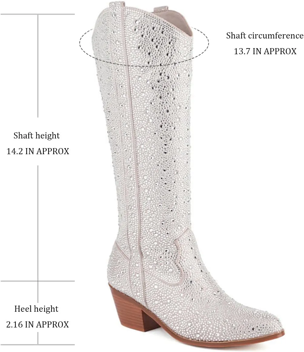 Women's Rhinestone Boots Wide Calf Cowgirl Boots Western Mid Calf Pointed Toe Boots Lightweight Fashion Trendy Chunky Stacked Heel Sparkly Side Zipper Boots