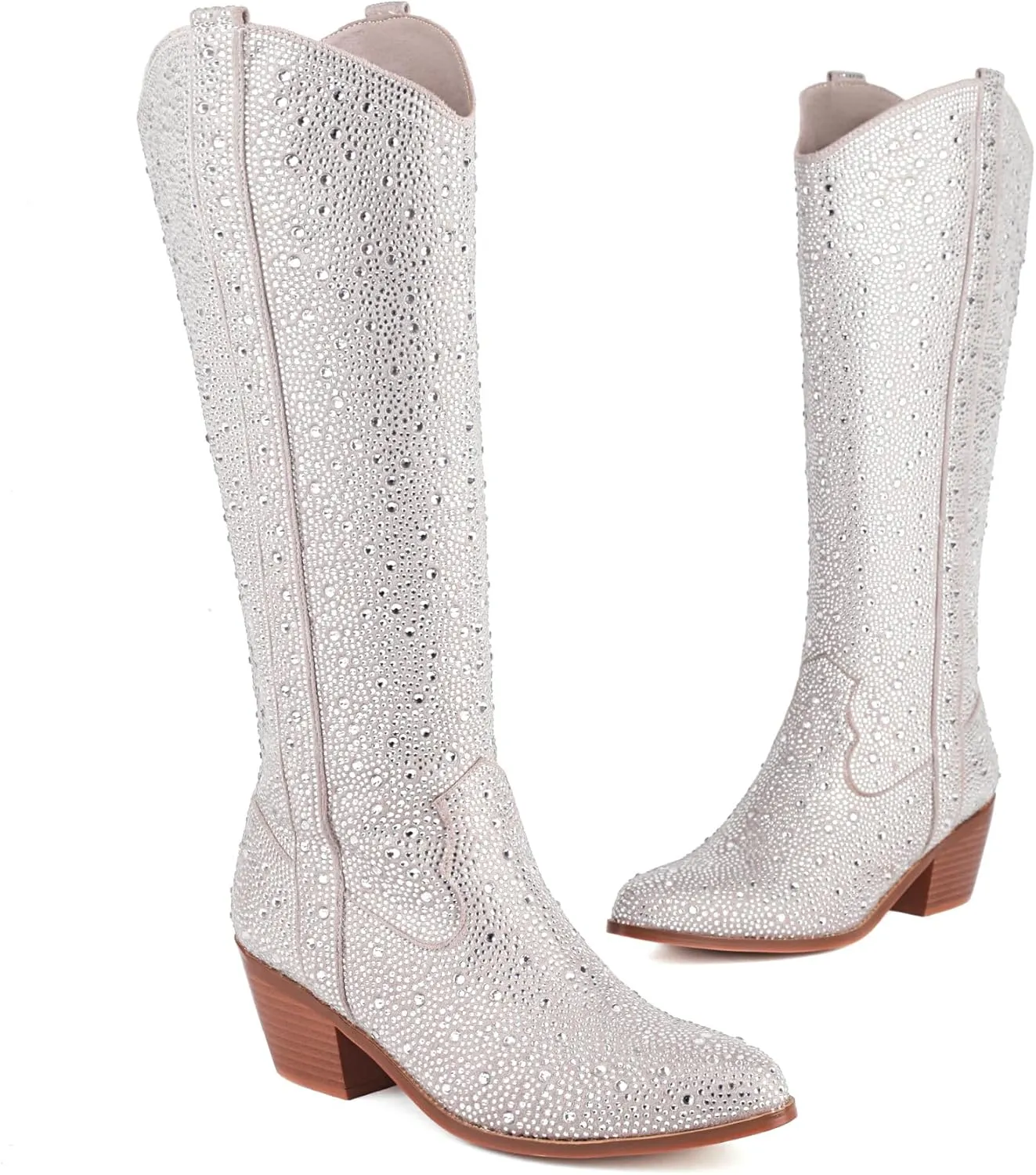 Women's Rhinestone Boots Wide Calf Cowgirl Boots Western Mid Calf Pointed Toe Boots Lightweight Fashion Trendy Chunky Stacked Heel Sparkly Side Zipper Boots