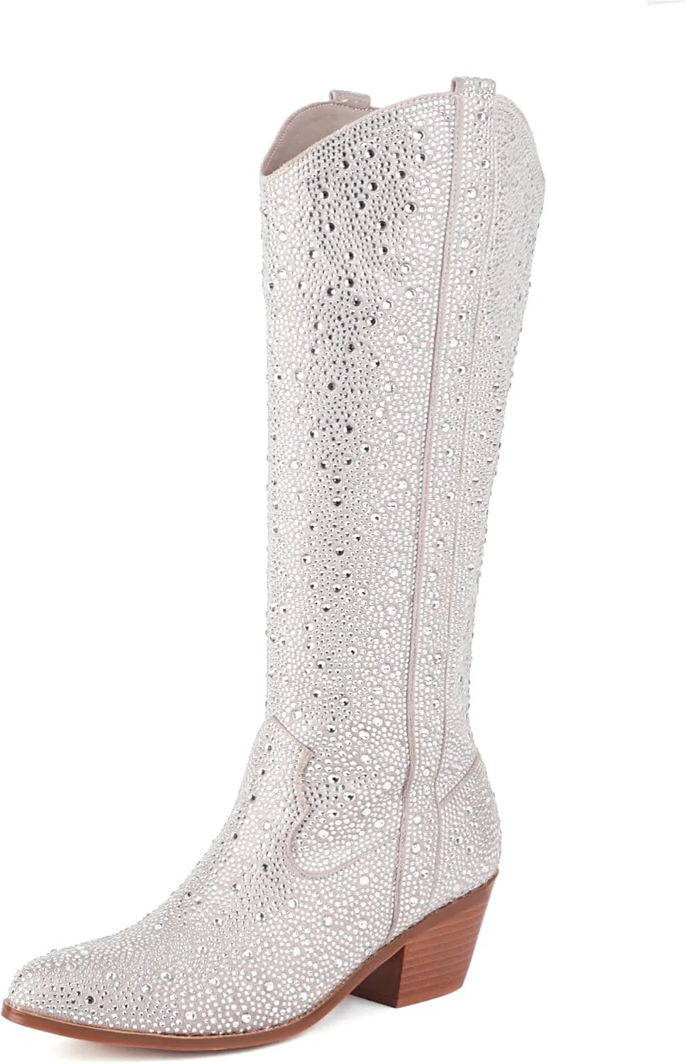 Women's Rhinestone Boots Wide Calf Cowgirl Boots Western Mid Calf Pointed Toe Boots Lightweight Fashion Trendy Chunky Stacked Heel Sparkly Side Zipper Boots
