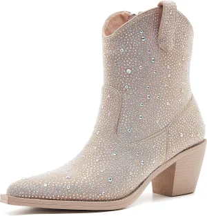 Women’s Rhinestone Cowboy Boots Side Zipper Slip-on Style Chunky Heel Pointed Toe Glittering Cowgirl Boots
