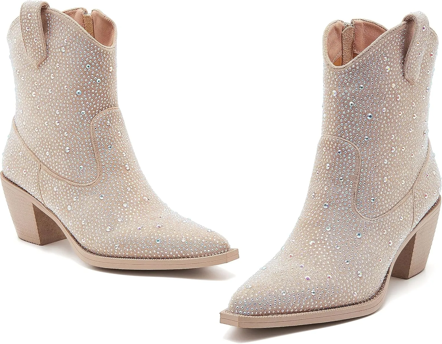 Women’s Rhinestone Cowboy Boots Side Zipper Slip-on Style Chunky Heel Pointed Toe Glittering Cowgirl Boots