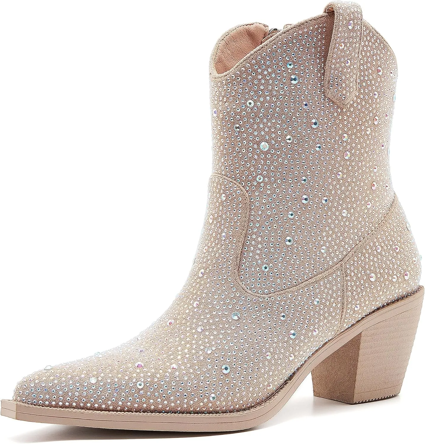 Women’s Rhinestone Cowboy Boots Side Zipper Slip-on Style Chunky Heel Pointed Toe Glittering Cowgirl Boots