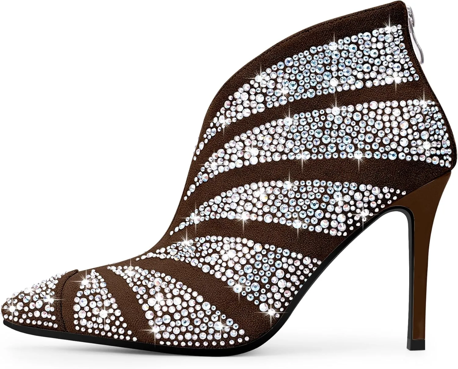 Women's Rhinestone Pointed Toe Stiletto High Heel Ankle Boots Suede Dress Booties