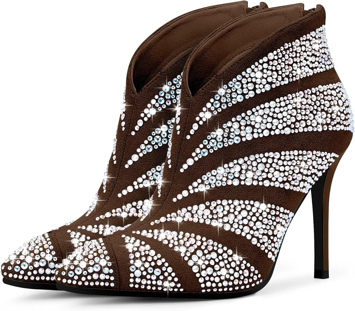 Women's Rhinestone Pointed Toe Stiletto High Heel Ankle Boots Suede Dress Booties
