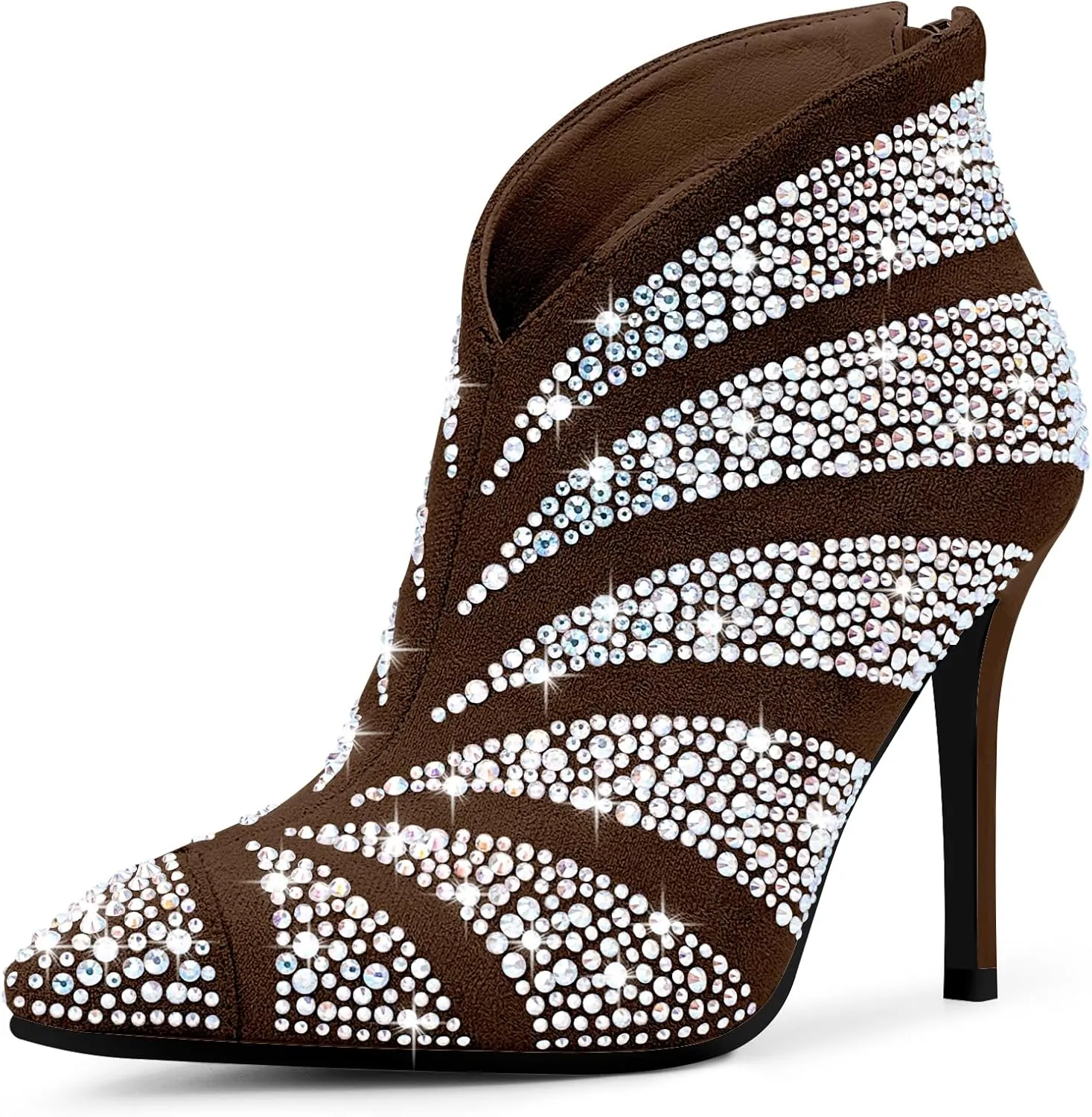 Women's Rhinestone Pointed Toe Stiletto High Heel Ankle Boots Suede Dress Booties