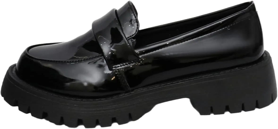 Women's Round Toe Glossy Leather Platform Loafers - Spring Slip-On Chunky Heel Flats for Business Casual & Office Wear, Lightweight & Comfortable Work Shoes