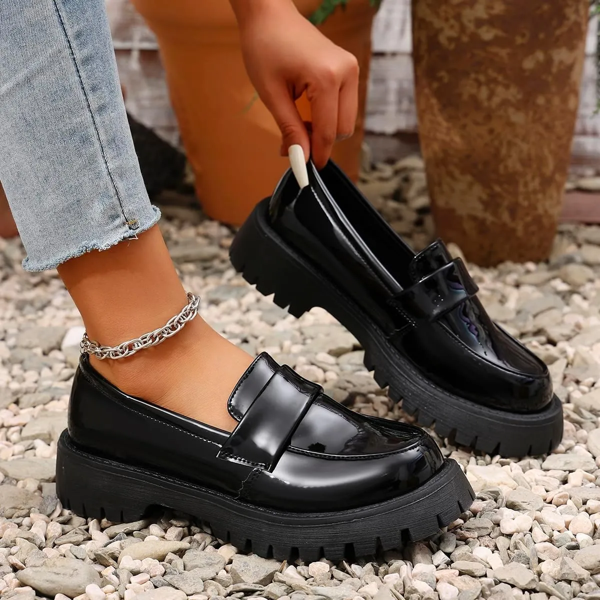 Women's Round Toe Glossy Leather Platform Loafers - Spring Slip-On Chunky Heel Flats for Business Casual & Office Wear, Lightweight & Comfortable Work Shoes
