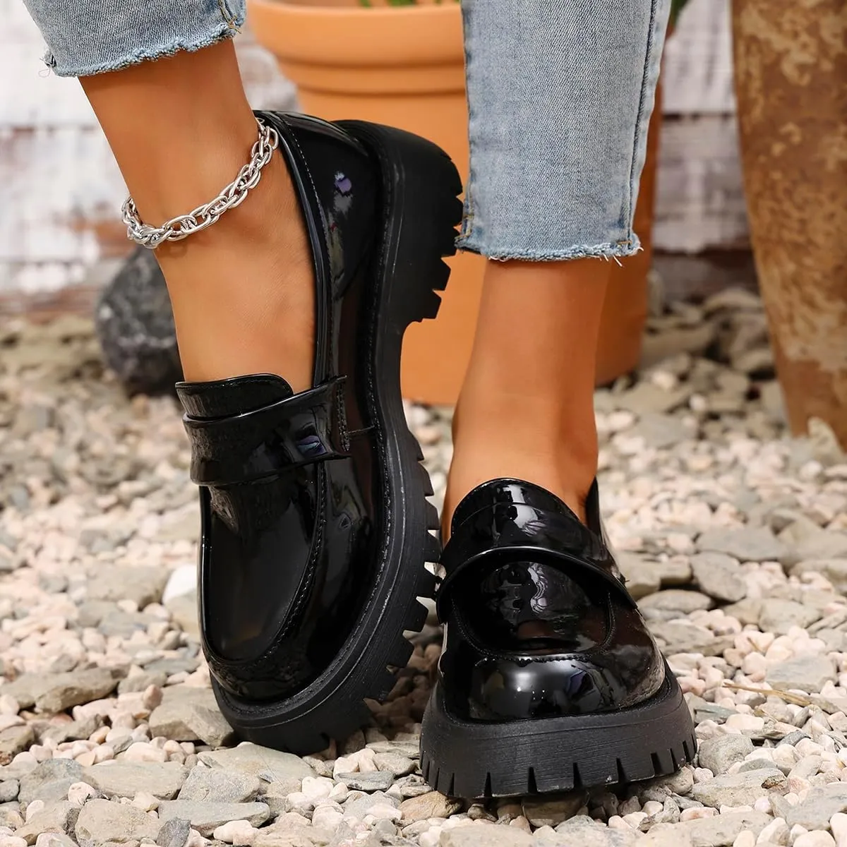 Women's Round Toe Glossy Leather Platform Loafers - Spring Slip-On Chunky Heel Flats for Business Casual & Office Wear, Lightweight & Comfortable Work Shoes