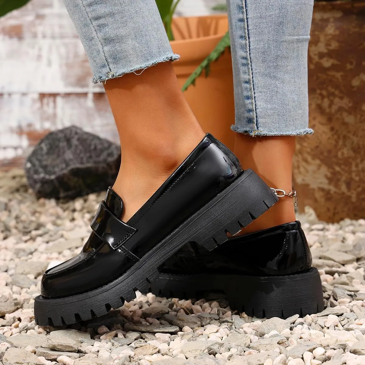 Women's Round Toe Glossy Leather Platform Loafers - Spring Slip-On Chunky Heel Flats for Business Casual & Office Wear, Lightweight & Comfortable Work Shoes
