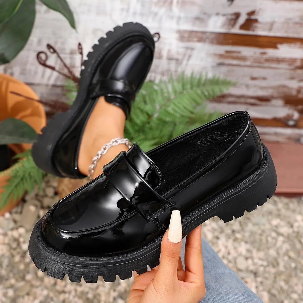Women's Round Toe Glossy Leather Platform Loafers - Spring Slip-On Chunky Heel Flats for Business Casual & Office Wear, Lightweight & Comfortable Work Shoes