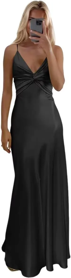 Women's Satin Prom Dresses 2025 with Slit for Women Ruched Mermaid Evening Party Dresses PU233