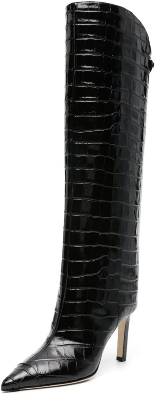 Women's Sexy Knee High Boots Stiletto Pointed Toe Tall Boots Wide Calf Leather Riding Boots Winter