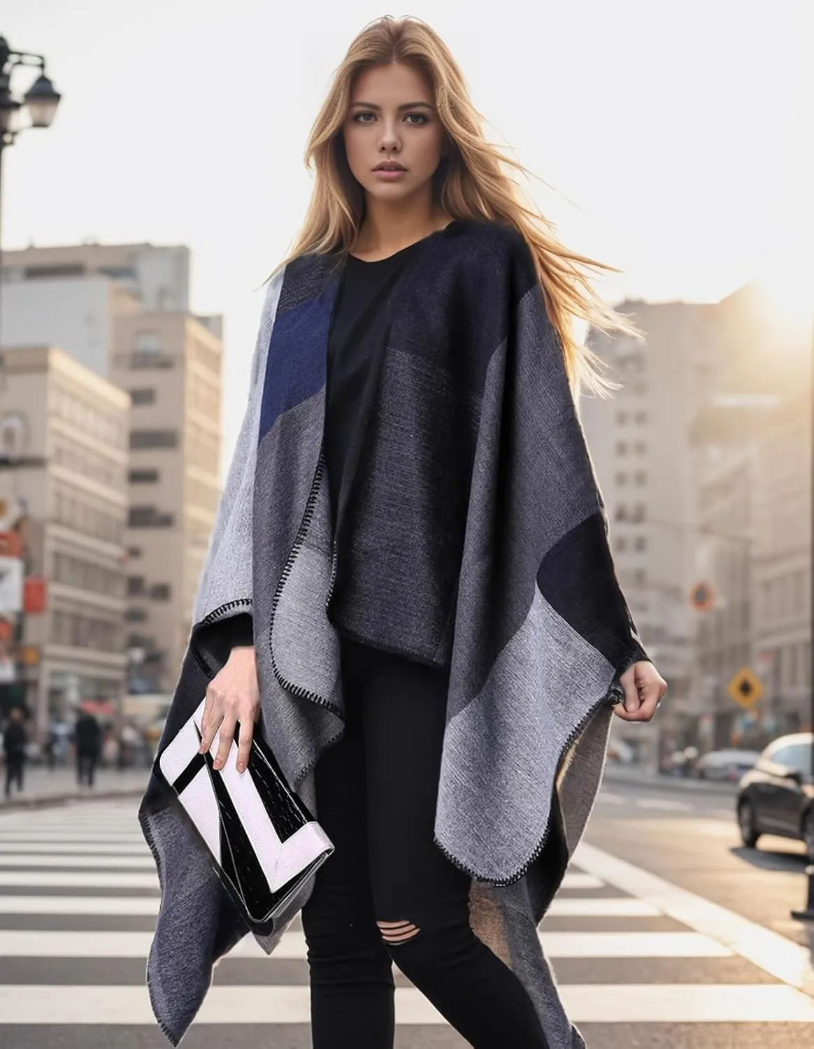 Women's Shawl Wraps Open Front Travel Poncho Cape Warm Oversized Plaid Sweaters Casual Cardigan Shawls