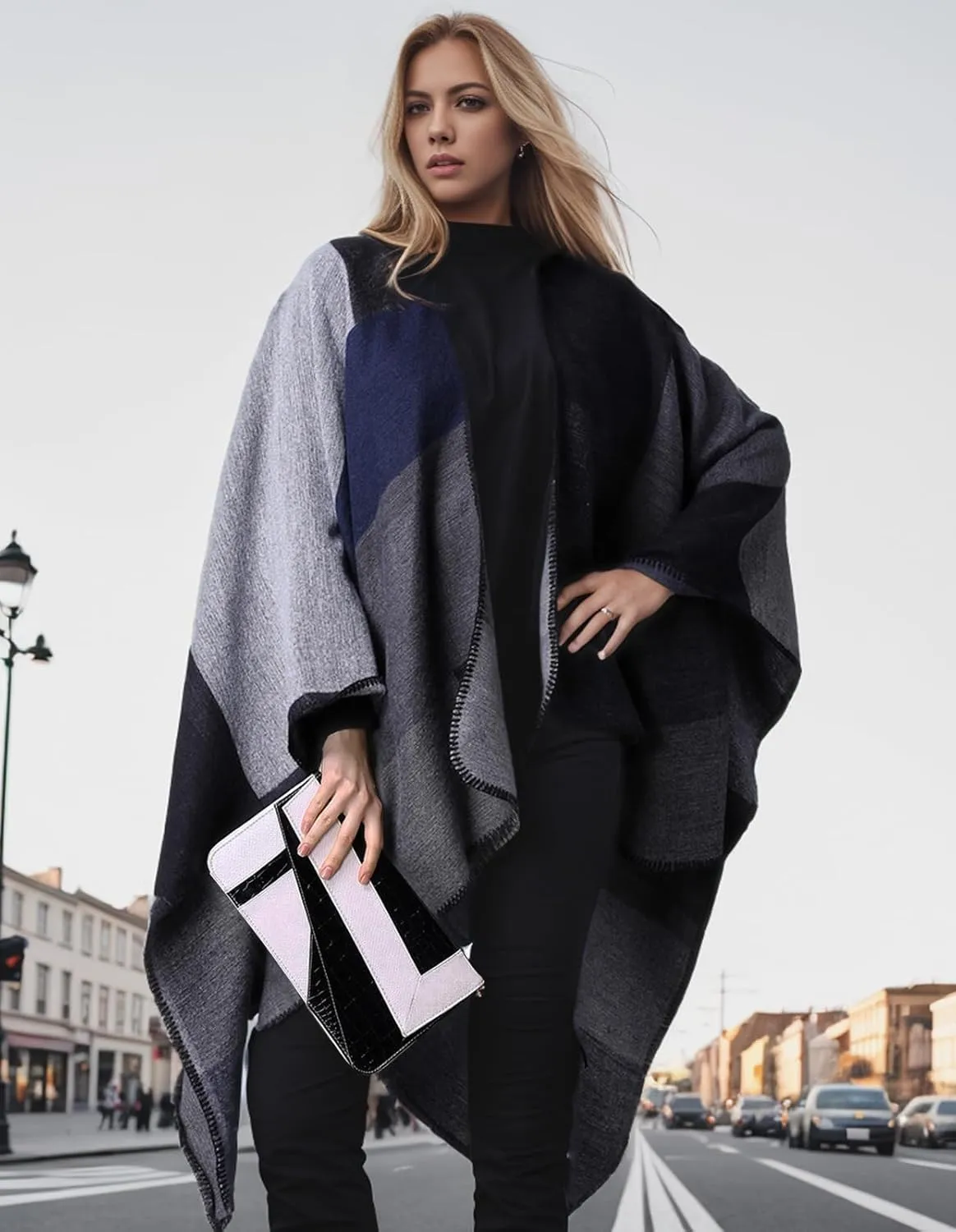 Women's Shawl Wraps Open Front Travel Poncho Cape Warm Oversized Plaid Sweaters Casual Cardigan Shawls