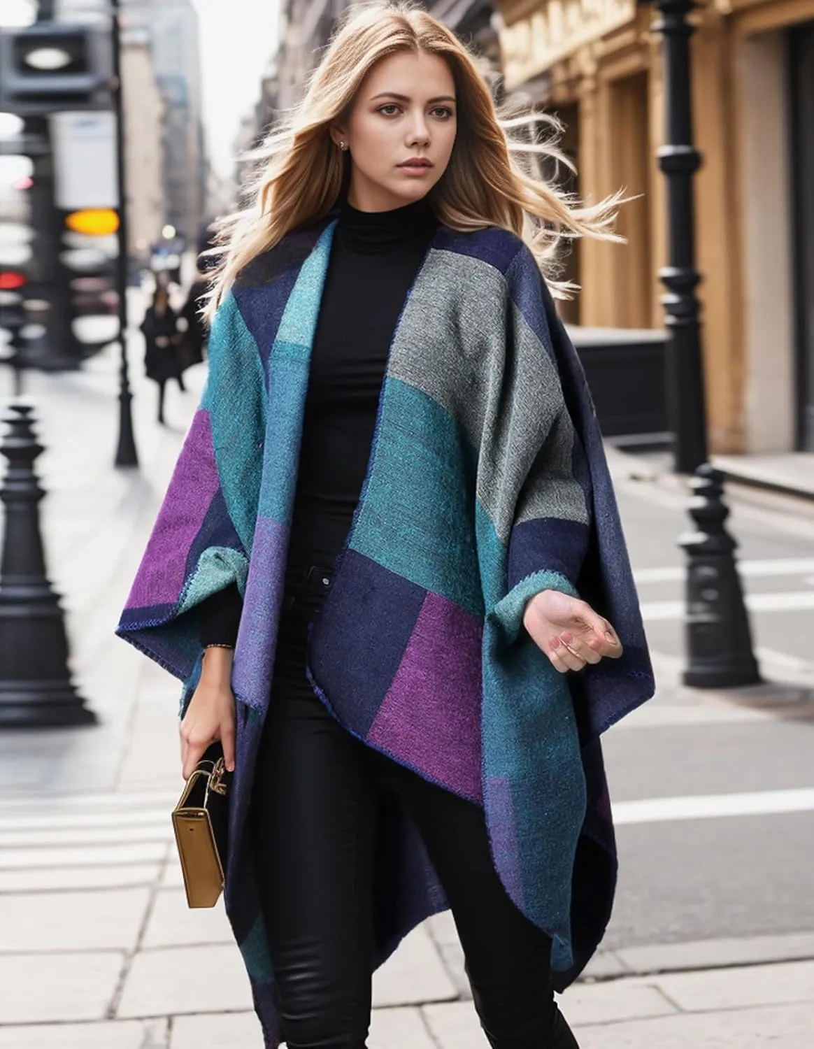 Women's Shawl Wraps Open Front Travel Poncho Cape Warm Oversized Plaid Sweaters Casual Cardigan Shawls