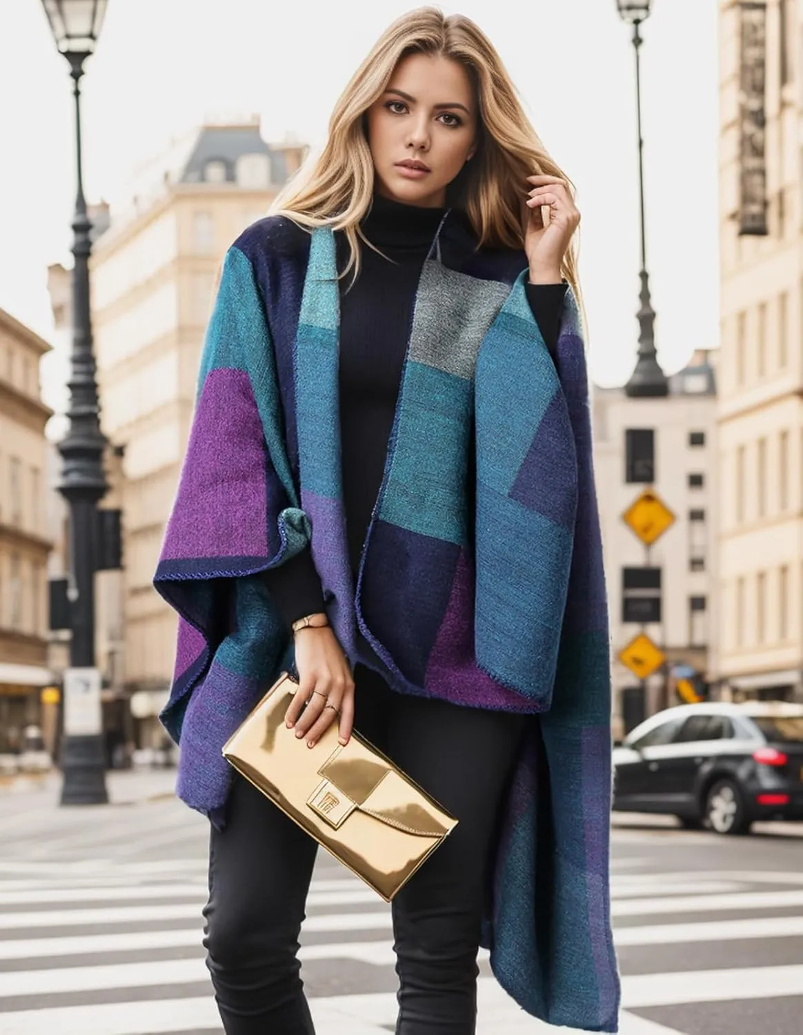 Women's Shawl Wraps Open Front Travel Poncho Cape Warm Oversized Plaid Sweaters Casual Cardigan Shawls
