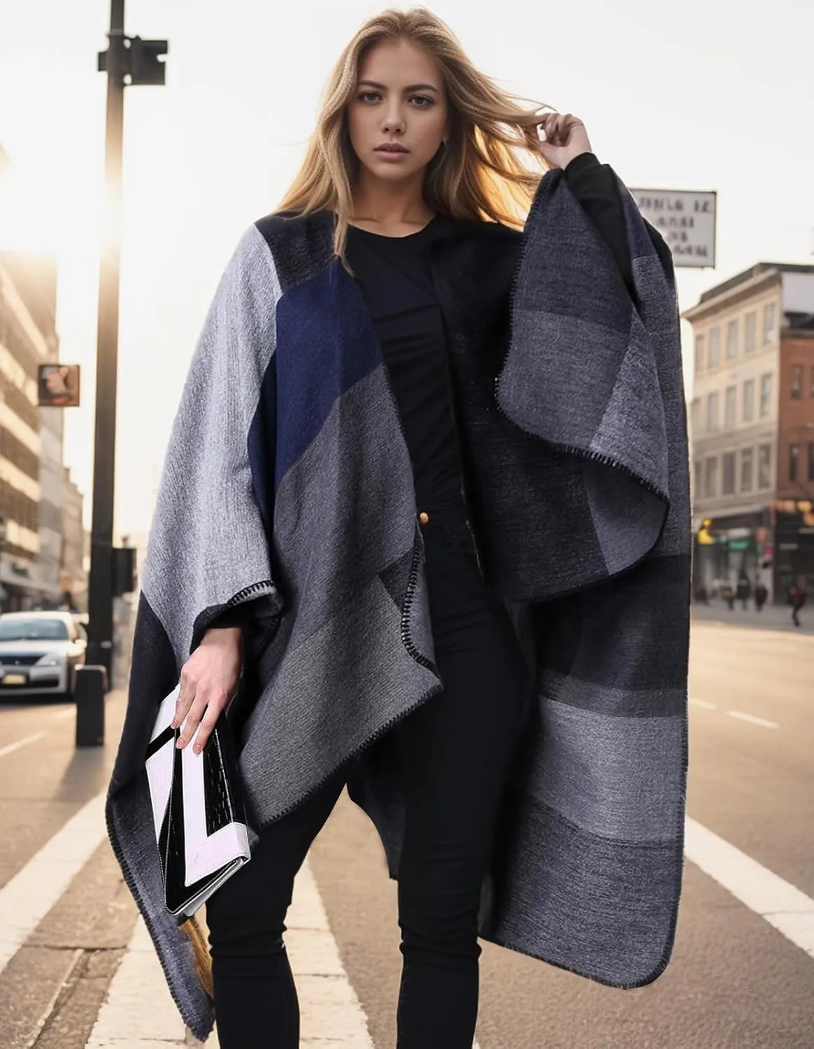 Women's Shawl Wraps Open Front Travel Poncho Cape Warm Oversized Plaid Sweaters Casual Cardigan Shawls