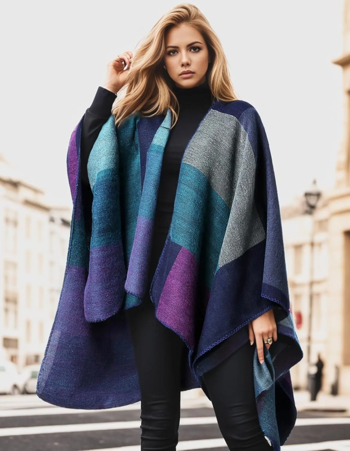 Women's Shawl Wraps Open Front Travel Poncho Cape Warm Oversized Plaid Sweaters Casual Cardigan Shawls